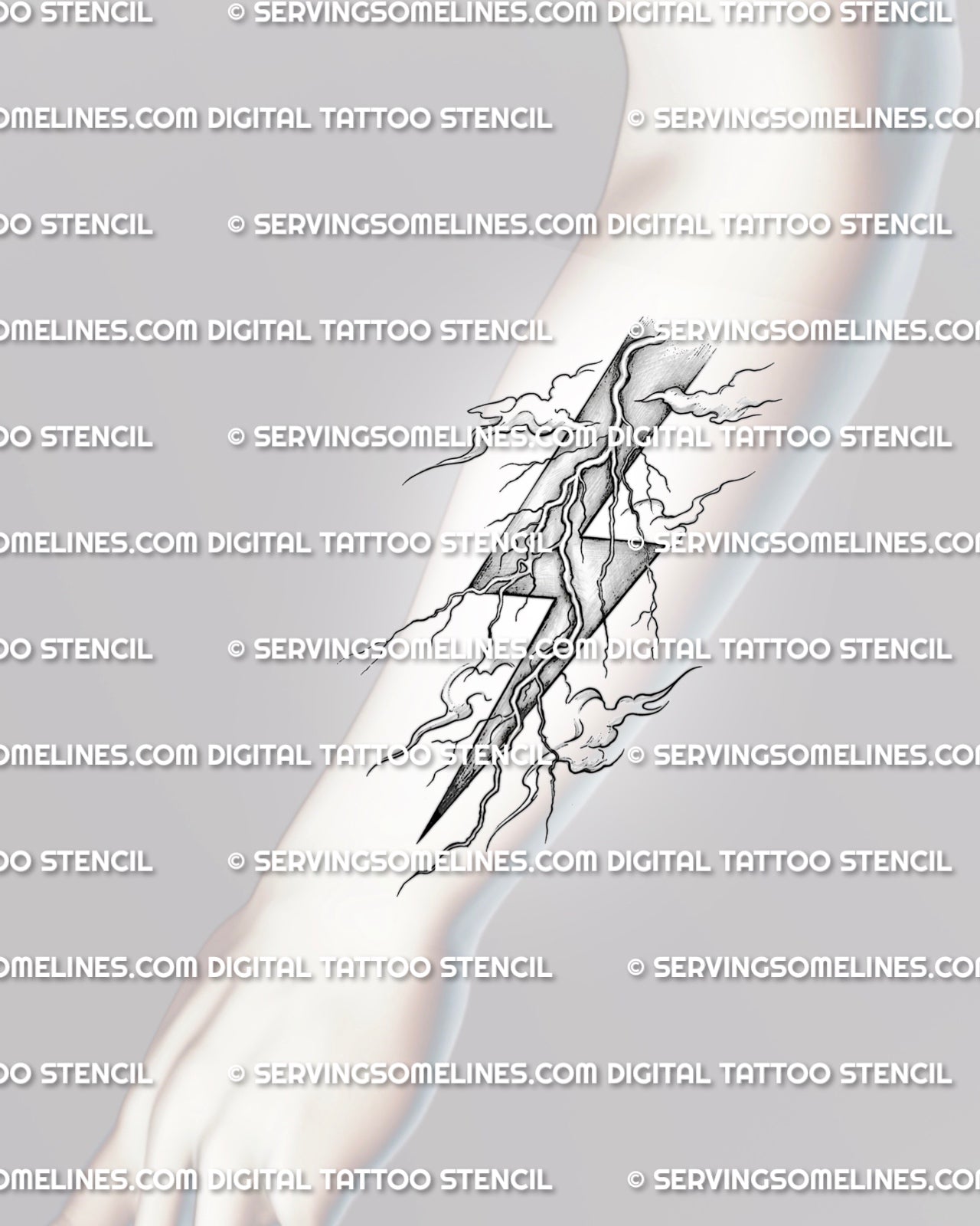 Lightning bolt tattoo stencil shown on forearm placement, with bold shaded detail and electric linework.