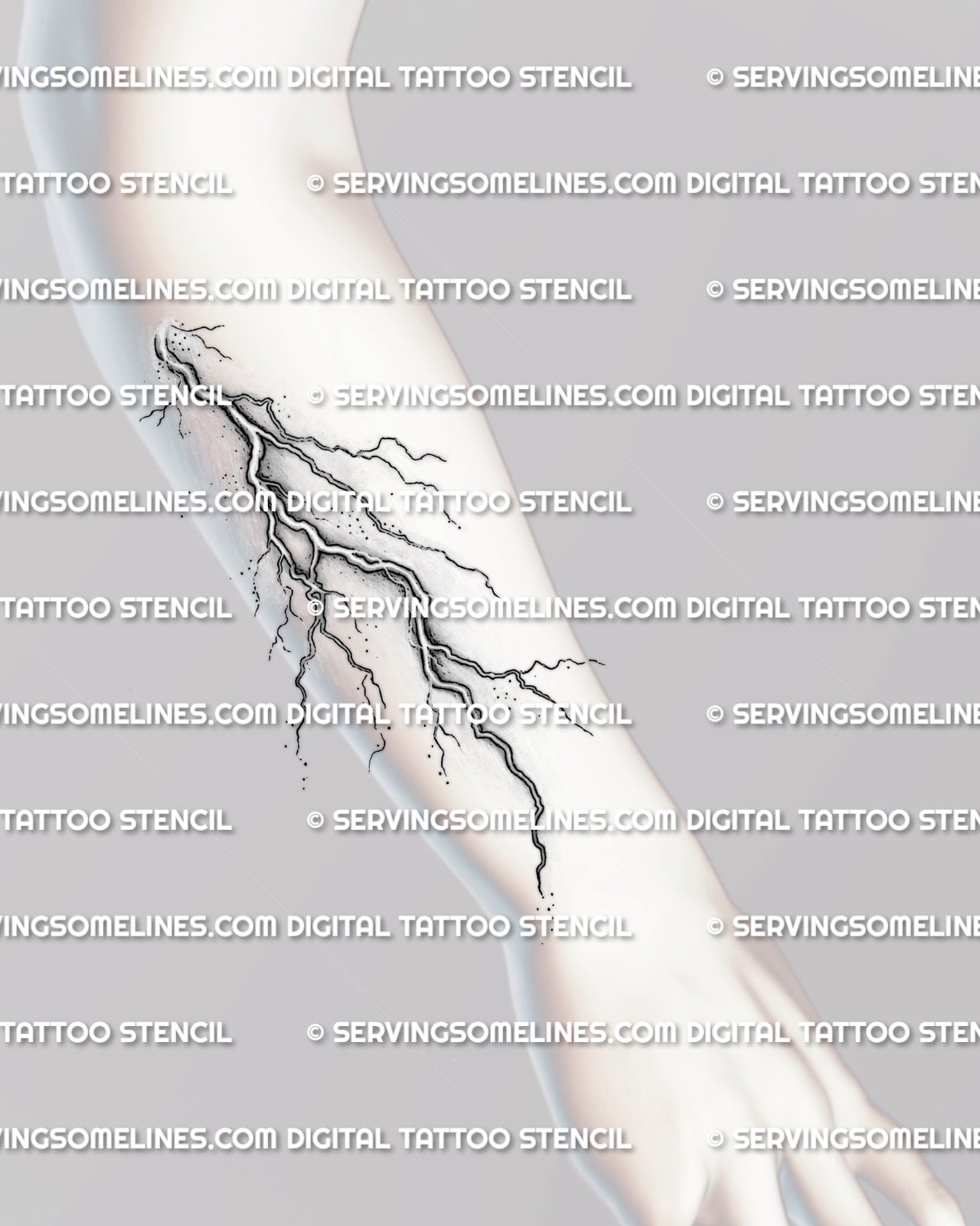 Lightning tattoo stencil shown on forearm placement, with long vertical strike shape and shaded electric linework.
