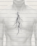 Lightning tattoo stencil displayed on mens chest center placement, with branching strike detail and vertical shaded flow.