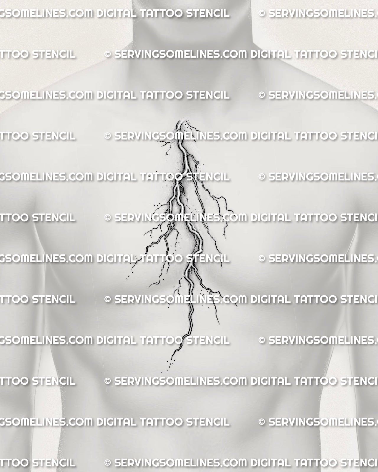 Lightning tattoo stencil displayed on mens chest center placement, with branching strike detail and vertical shaded flow.