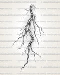 Lightning tattoo stencil design with natural branching strike detail and shaded linework for a vertical tattoo download.