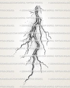 Lightning tattoo stencil design with natural branching strike detail and shaded linework for a vertical tattoo download.