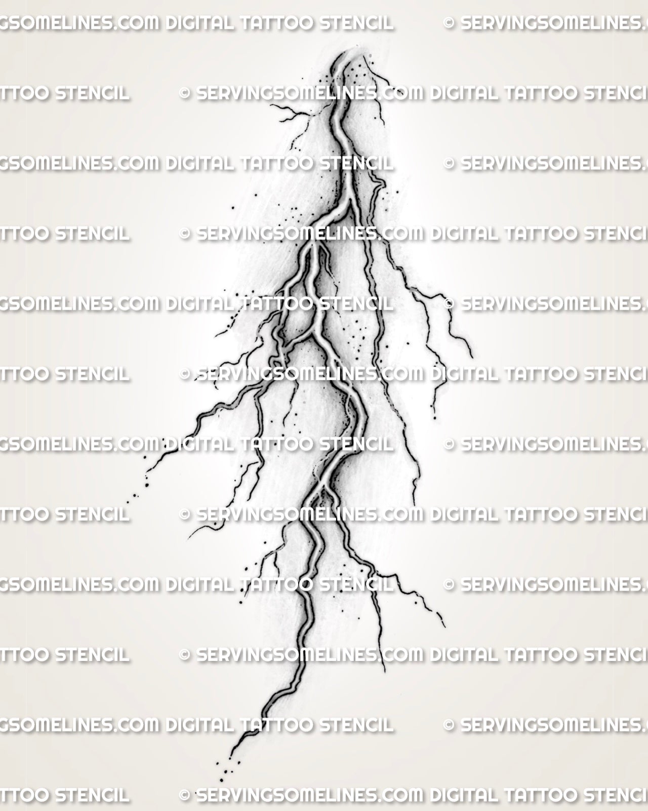 Lightning tattoo stencil design with natural branching strike detail and shaded linework for a vertical tattoo download.