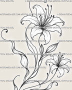 Lily back tattoo stencil with two open lily flowers, one rising bud, long curved leaves, sweeping stems, and flowing black floral linework