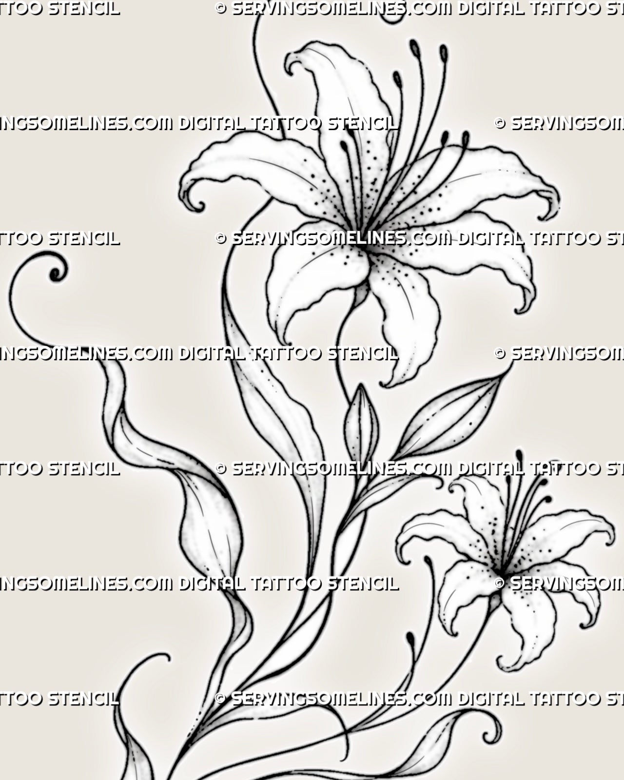 Lily back tattoo stencil with two open lily flowers, one rising bud, long curved leaves, sweeping stems, and flowing black floral linework