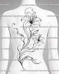 Large lily back tattoo shown across women’s full back with two open flowers, a rising bud, sweeping stems, curved leaves, and an asymmetrical floral layout