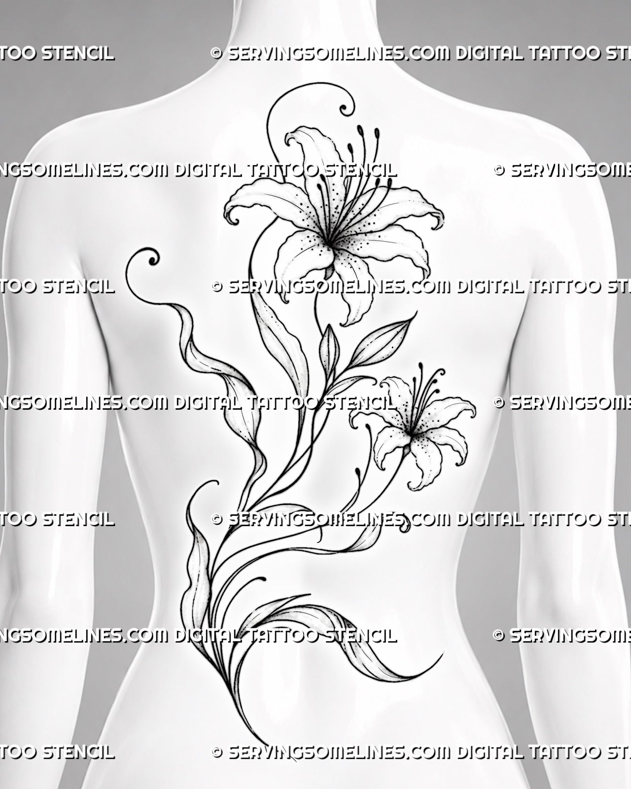Large lily back tattoo shown across women’s full back with two open flowers, a rising bud, sweeping stems, curved leaves, and an asymmetrical floral layout