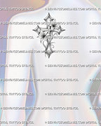 Lily cross tattoo stencil displayed on back shoulder placement, with floral cross structure and two open lily blooms