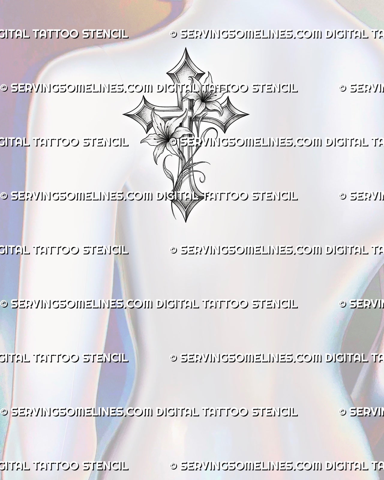 Lily cross tattoo stencil displayed on back shoulder placement, with floral cross structure and two open lily blooms