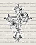Lily cross tattoo stencil with two lily flowers, pointed cross frame, flowing stems, soft shading, and clean floral linework 