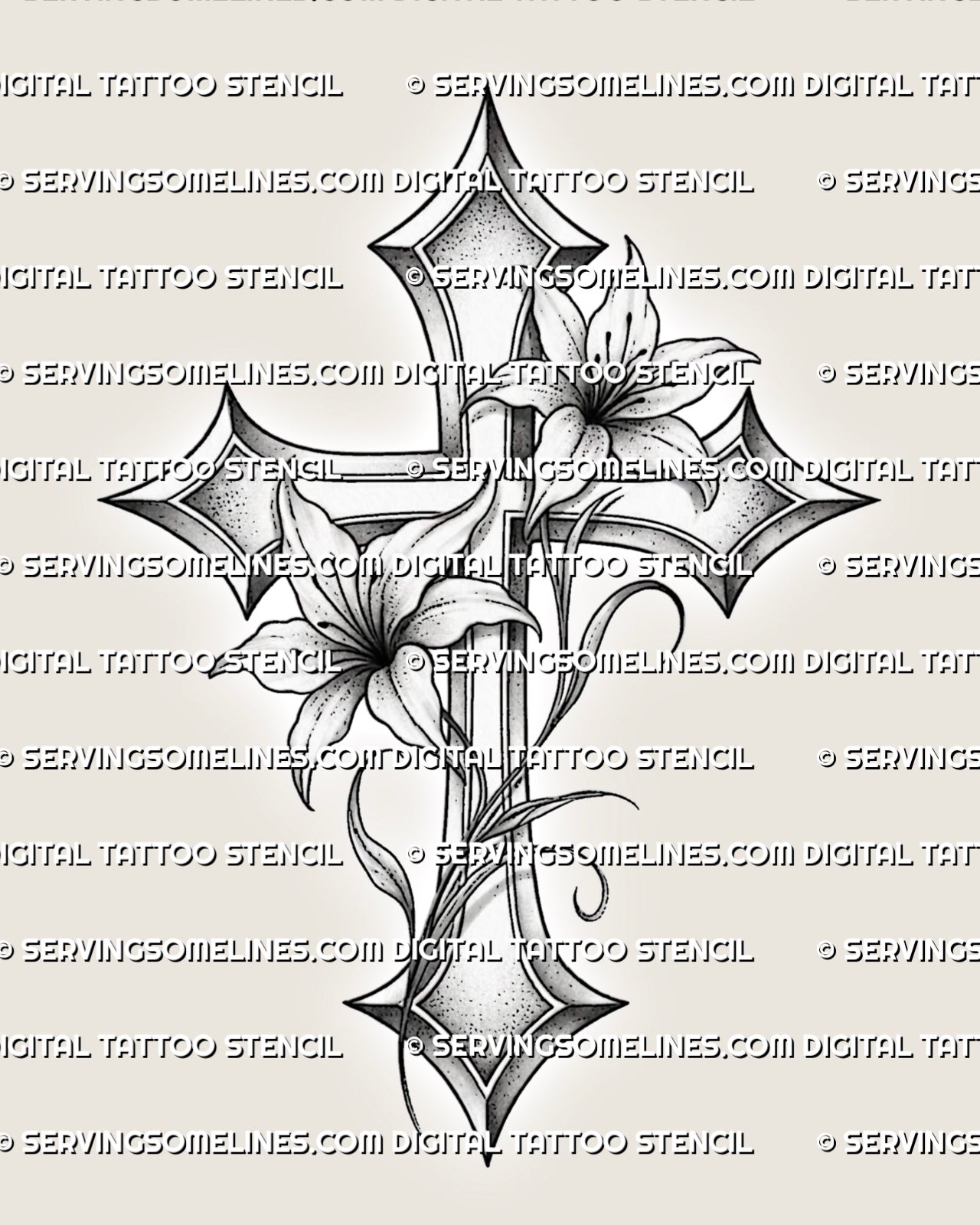 Lily cross tattoo stencil with two lily flowers, pointed cross frame, flowing stems, soft shading, and clean floral linework 