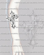 Lily cross tattoo stencil shown on forearm placement, with vertical cross shape, lily flowers, and readable stencil detail 