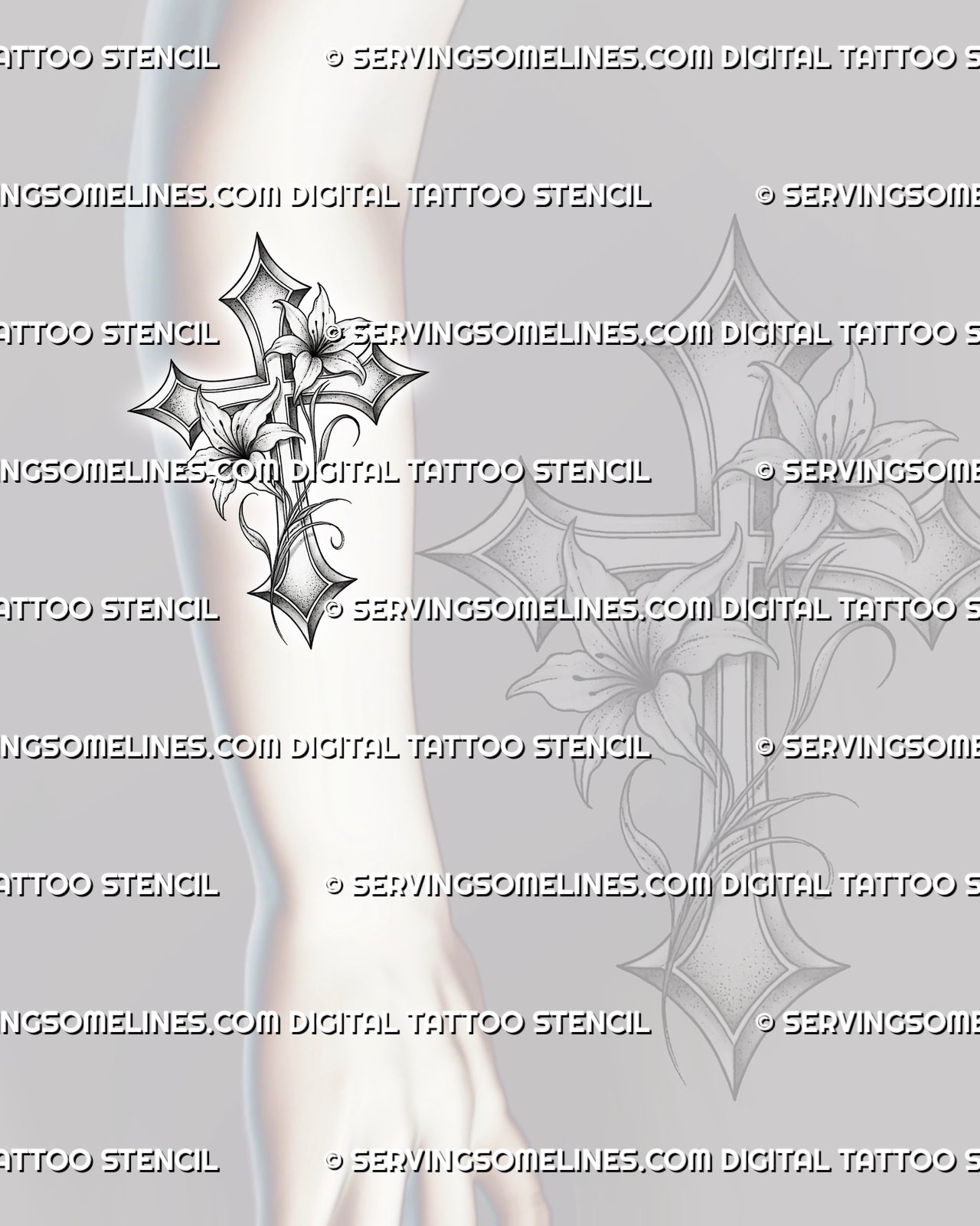 Lily cross tattoo stencil shown on forearm placement, with vertical cross shape, lily flowers, and readable stencil detail 