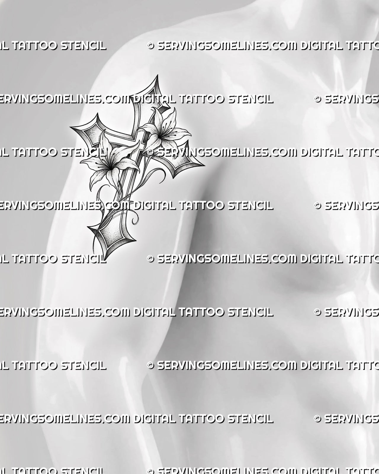 Lily cross tattoo stencil shown on men’s arm placement, with two lily flowers, pointed cross frame, and soft shaded detail