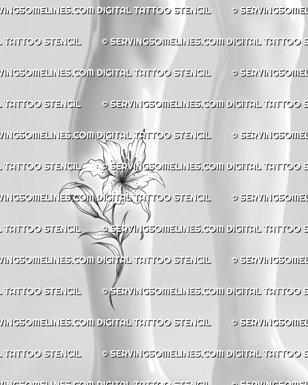 Lily floral tattoo stencil shown on calf placement, with long stem, leaf detail, and readable black flower linework 