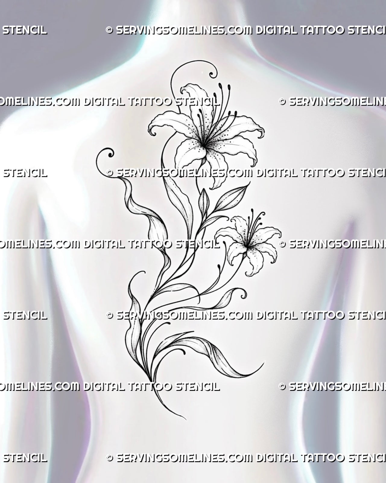 Lily flower back tattoo shown in a medium-size placement across women’s upper and mid back with two flowers, a bud, curved leaves, and elegant asymmetrical movement