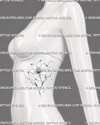 Lily flower tattoo outline shown on women’s side torso with an open bloom, slender stem, pointed leaves, and sweeping ornamental linework