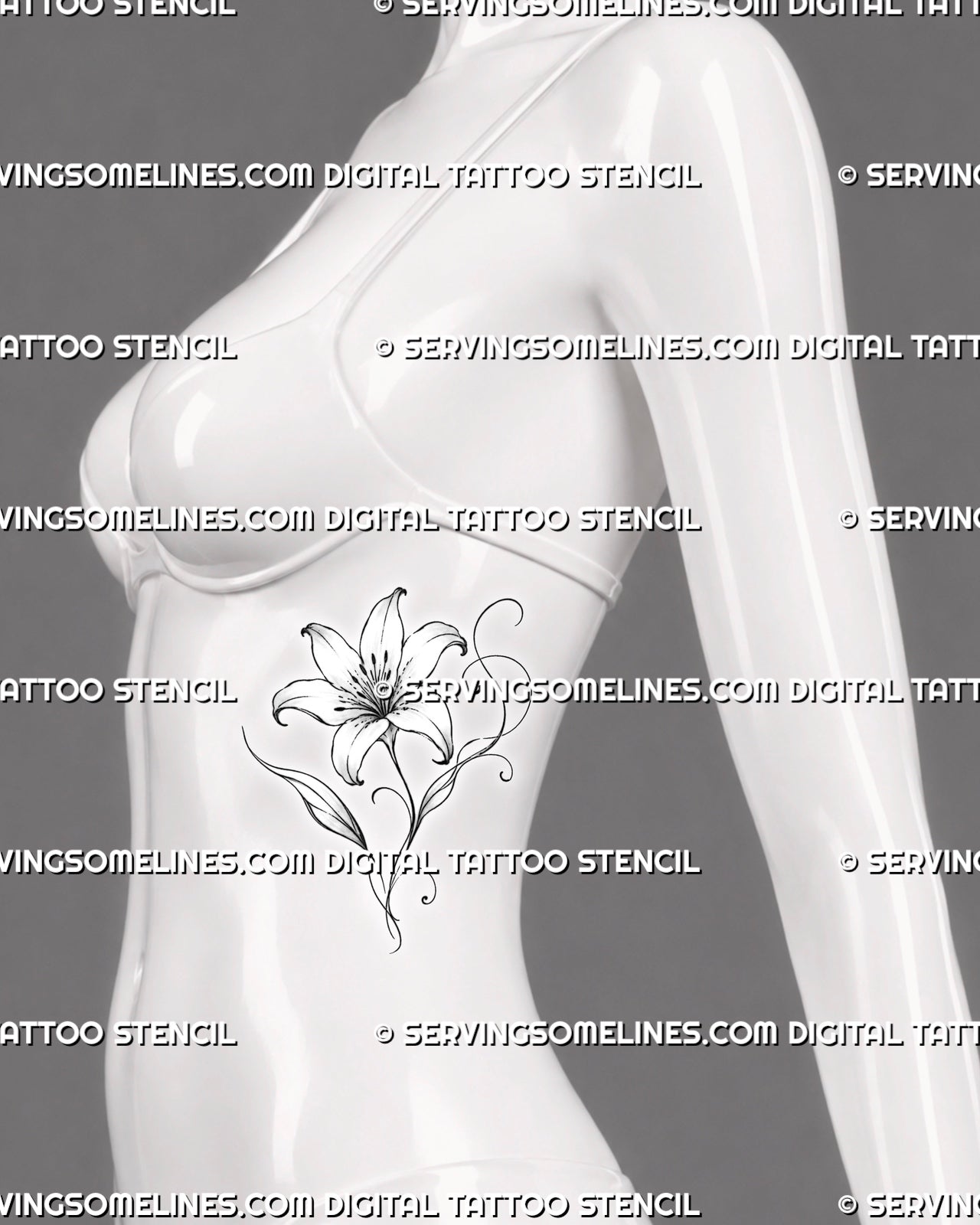 Lily flower tattoo outline shown on women’s side torso with an open bloom, slender stem, pointed leaves, and sweeping ornamental linework
