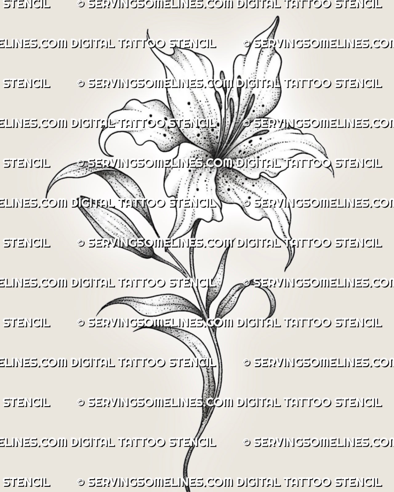 Lily flower tattoo stencil with open bloom, curved stem, leaf detail, dot shading, and clean black botanical linework