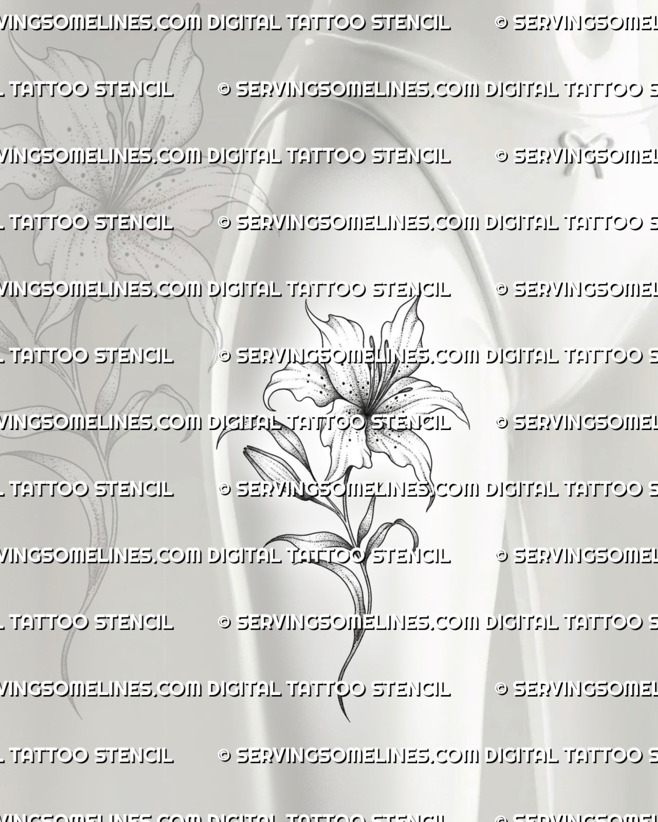 Lily flower tattoo stencil shown on female front thigh placement, with open bloom, curved leaves, and vertical floral flow