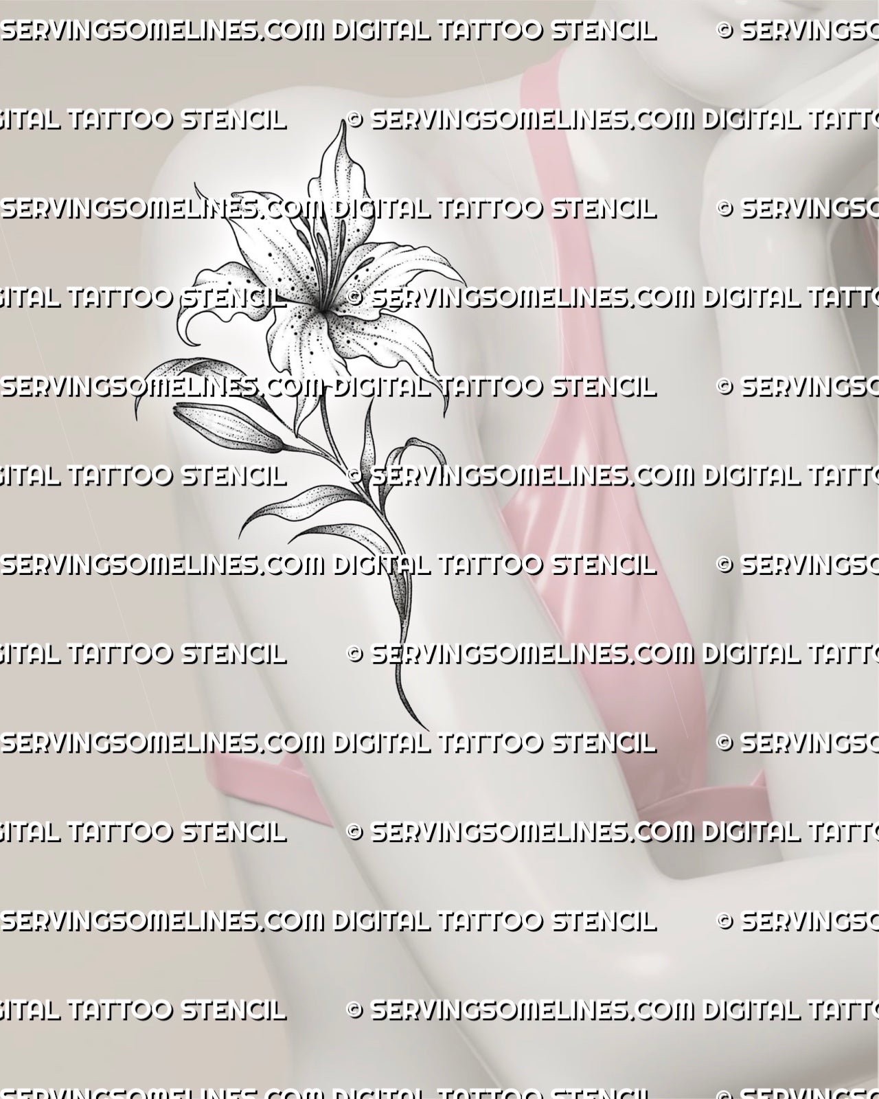Lily flower tattoo stencil displayed on women’s upper arm placement, with open bloom, curved stem, and soft botanical shading