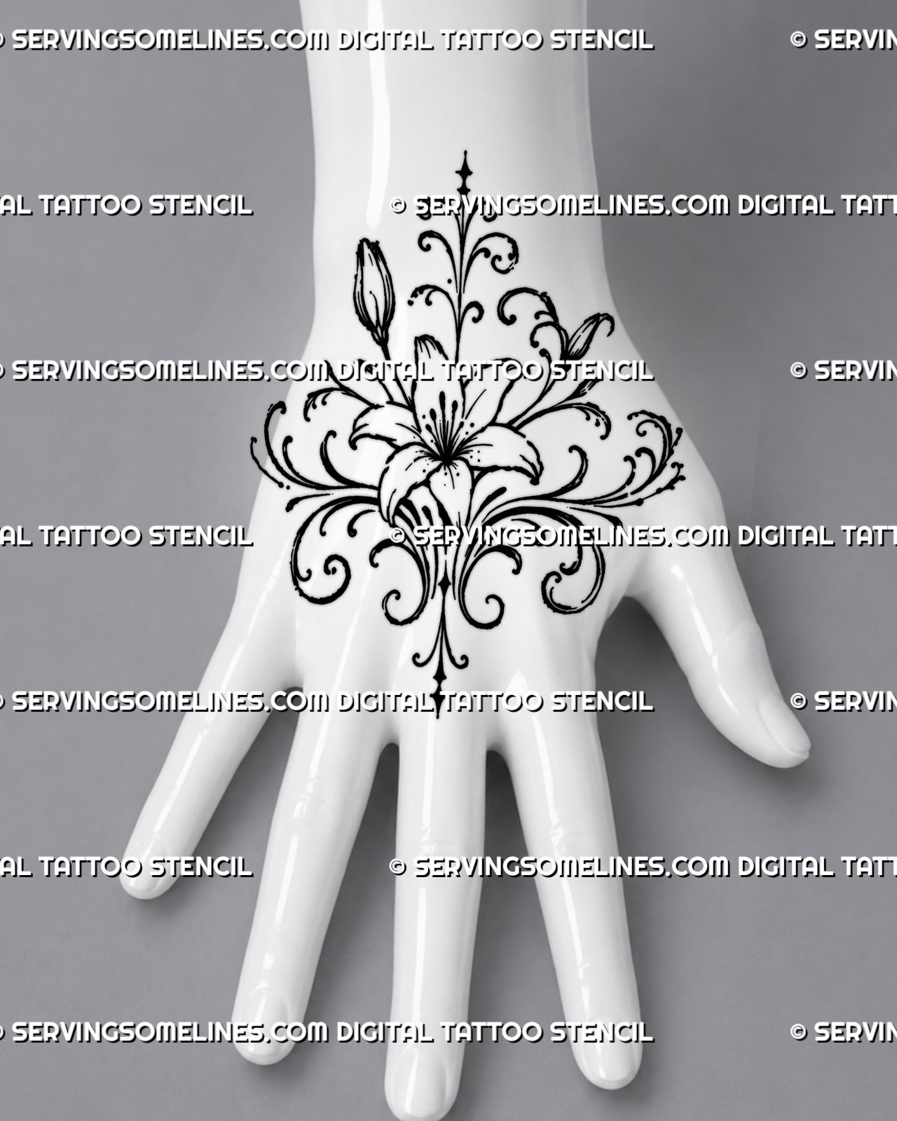 Lily hand tattoo stencil shown on the back of the hand with a central open flower, two buds, mirrored filigree curls, and pointed ornamental accents