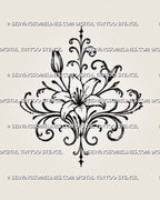 Ornamental lily hand tattoo stencil with one open lily, two rising buds, symmetrical floral scrollwork, and a pointed central axis