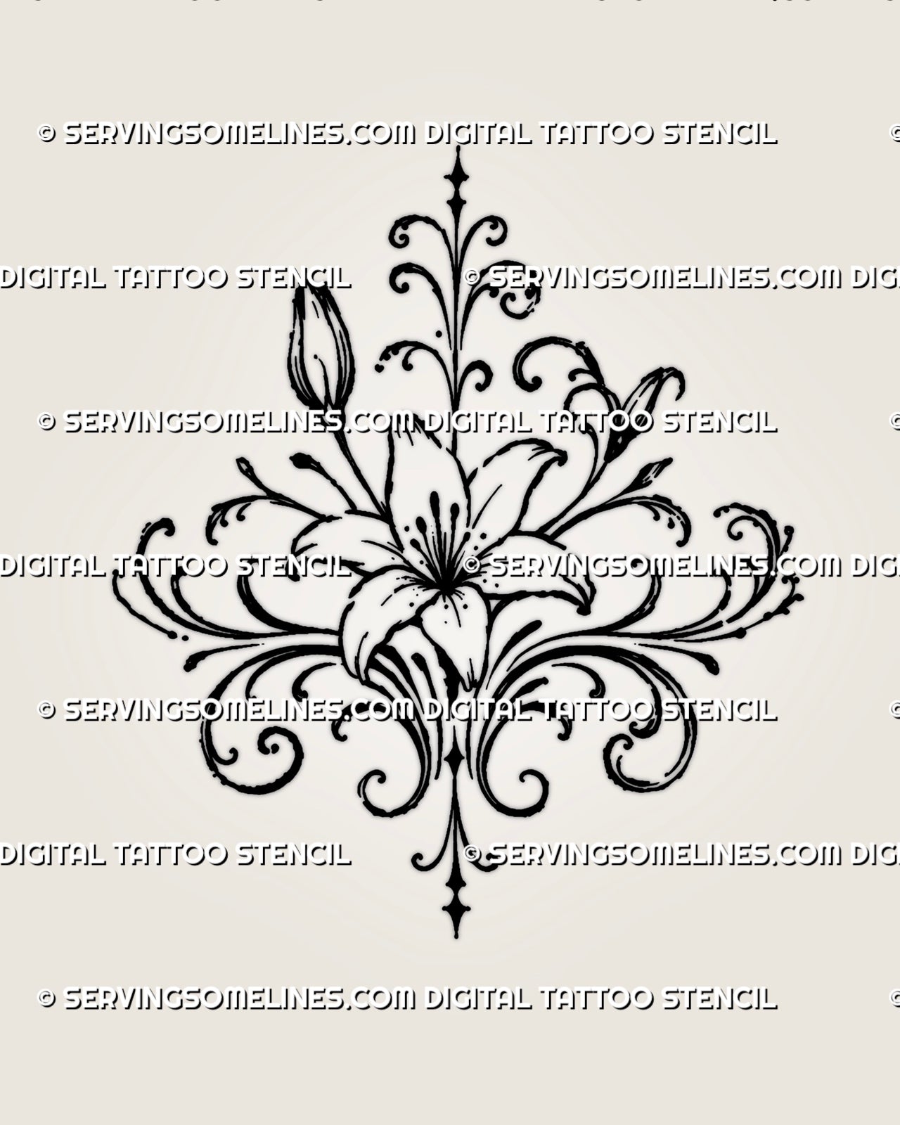 Ornamental lily hand tattoo stencil with one open lily, two rising buds, symmetrical floral scrollwork, and a pointed central axis