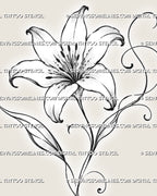Close detail of lily tattoo outline showing curved petals, long stamens, dark anthers, light interior lines, and clean black contours
