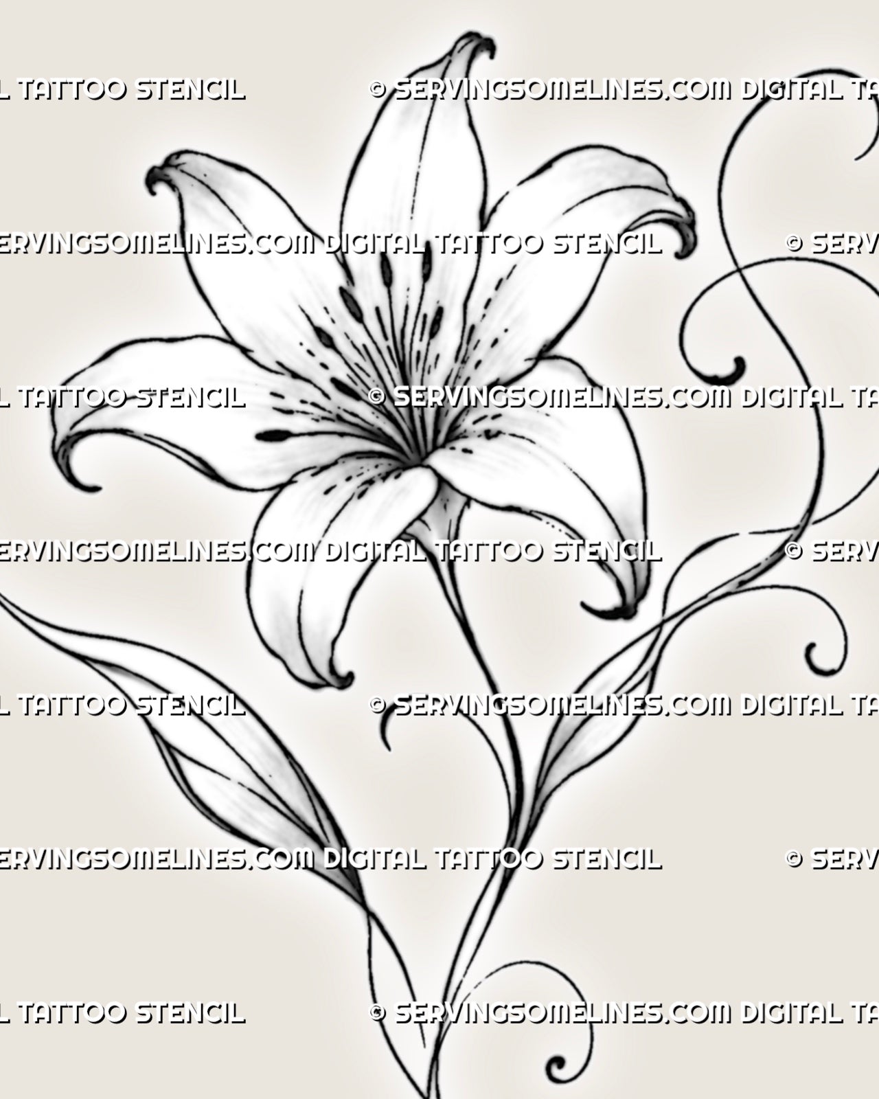 Close detail of lily tattoo outline showing curved petals, long stamens, dark anthers, light interior lines, and clean black contours