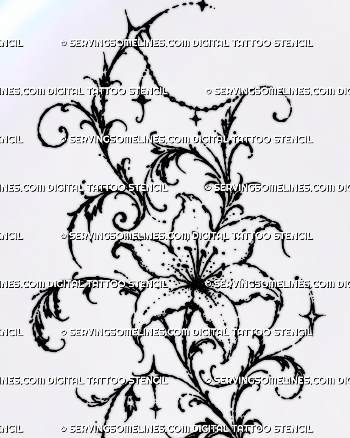 Close-up of lily thigh tattoo design showing curved petals, visible stamens, filigree-inspired curls, dotted black ink, leafy ornament, and open negative space