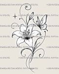 Lily and butterfly tattoo stencil with an open lily flower, detailed wings, flower bud, flowing leaves, curling tendrils, stars, and fine stippling