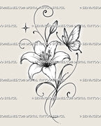 Lily and butterfly tattoo stencil with an open lily flower, detailed wings, flower bud, flowing leaves, curling tendrils, stars, and fine stippling
