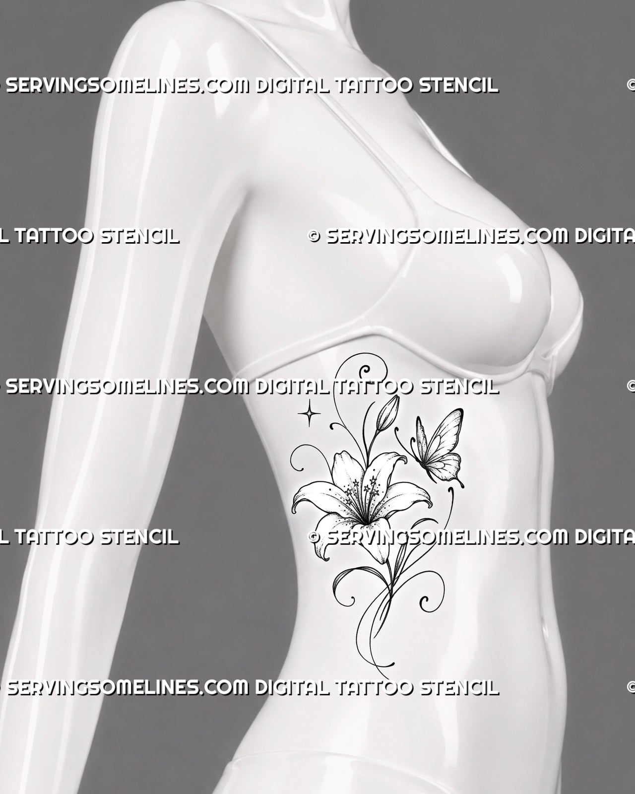Lily and butterfly tattoo shown on women’s ribs with a large open flower, delicate butterfly, curved stems, long leaves, and ornamental fine-line details