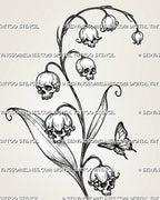 Close detail of lily of the valley skull flower tattoo showing small eye sockets, teeth, curved flower caps, stippling, and hanging botanical stems