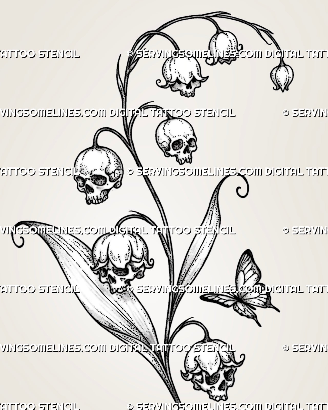 Close detail of lily of the valley skull flower tattoo showing small eye sockets, teeth, curved flower caps, stippling, and hanging botanical stems