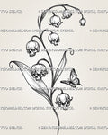 Lily of the valley skull tattoo stencil with four skull-shaped bell flowers, natural blooms, long curved leaves, fine stippling, and a small butterfly