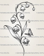 Lily of the valley skull tattoo stencil with four skull-shaped bell flowers, natural blooms, long curved leaves, fine stippling, and a small butterfly