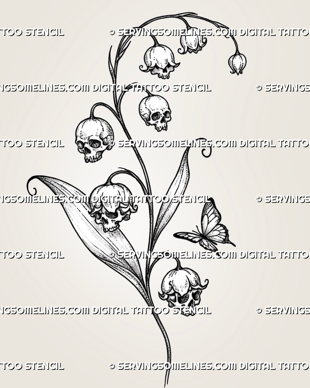 Lily of the valley skull tattoo stencil with four skull-shaped bell flowers, natural blooms, long curved leaves, fine stippling, and a small butterfly