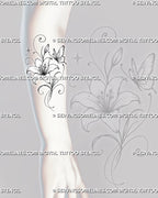 Lily with butterfly tattoo stencil shown on the forearm with an open bloom, rising bud, flowing leaves, delicate wings, and curling botanical lines