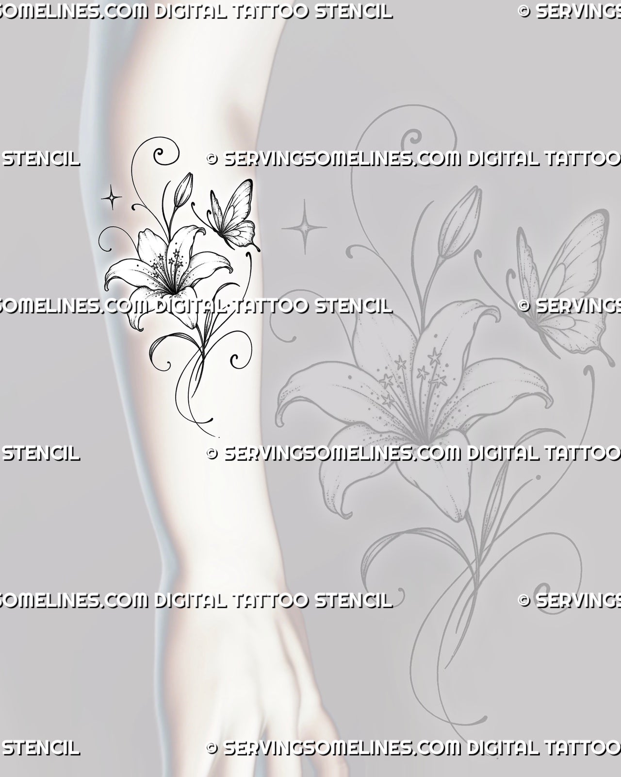 Lily with butterfly tattoo stencil shown on the forearm with an open bloom, rising bud, flowing leaves, delicate wings, and curling botanical lines