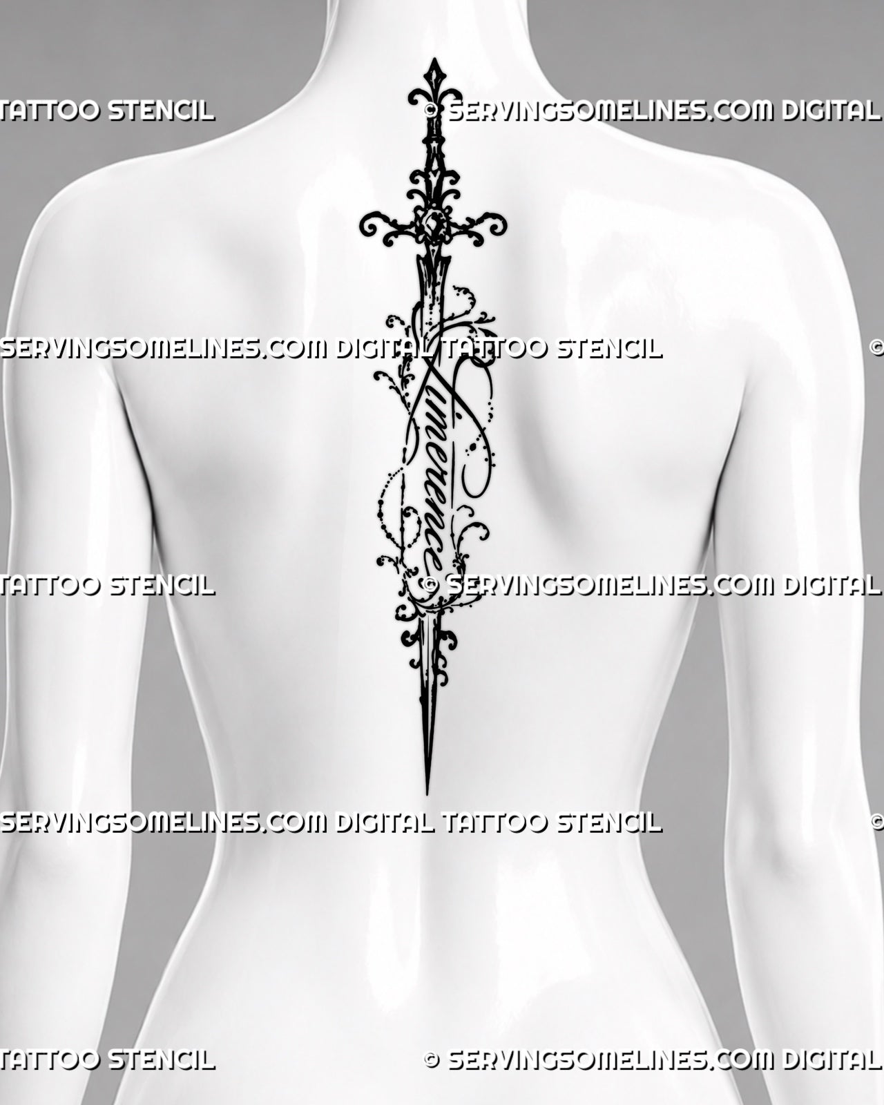 Limerence cursive sword tattoo shown along the spine with a long vertical blade, flowing word lettering, ornamental guard, and delicate script details