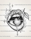 Lips and cherry tattoo stencil with cherry on the tongue, Kiss Me lettering, flames, dripping lower lip, long stem, leaf, and black-and-white stippling