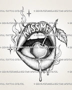 Lips and cherry tattoo stencil with cherry on the tongue, Kiss Me lettering, flames, dripping lower lip, long stem, leaf, and black-and-white stippling