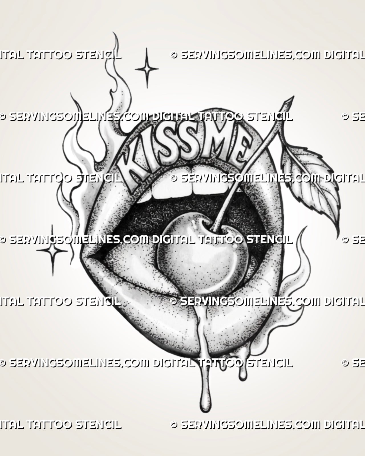 Lips and cherry tattoo stencil with cherry on the tongue, Kiss Me lettering, flames, dripping lower lip, long stem, leaf, and black-and-white stippling