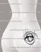 Lips and cherry tattoo shown on women’s lower back and upper hip with open mouth, cherry on tongue, Kiss Me lettering, flames, and dripping detail