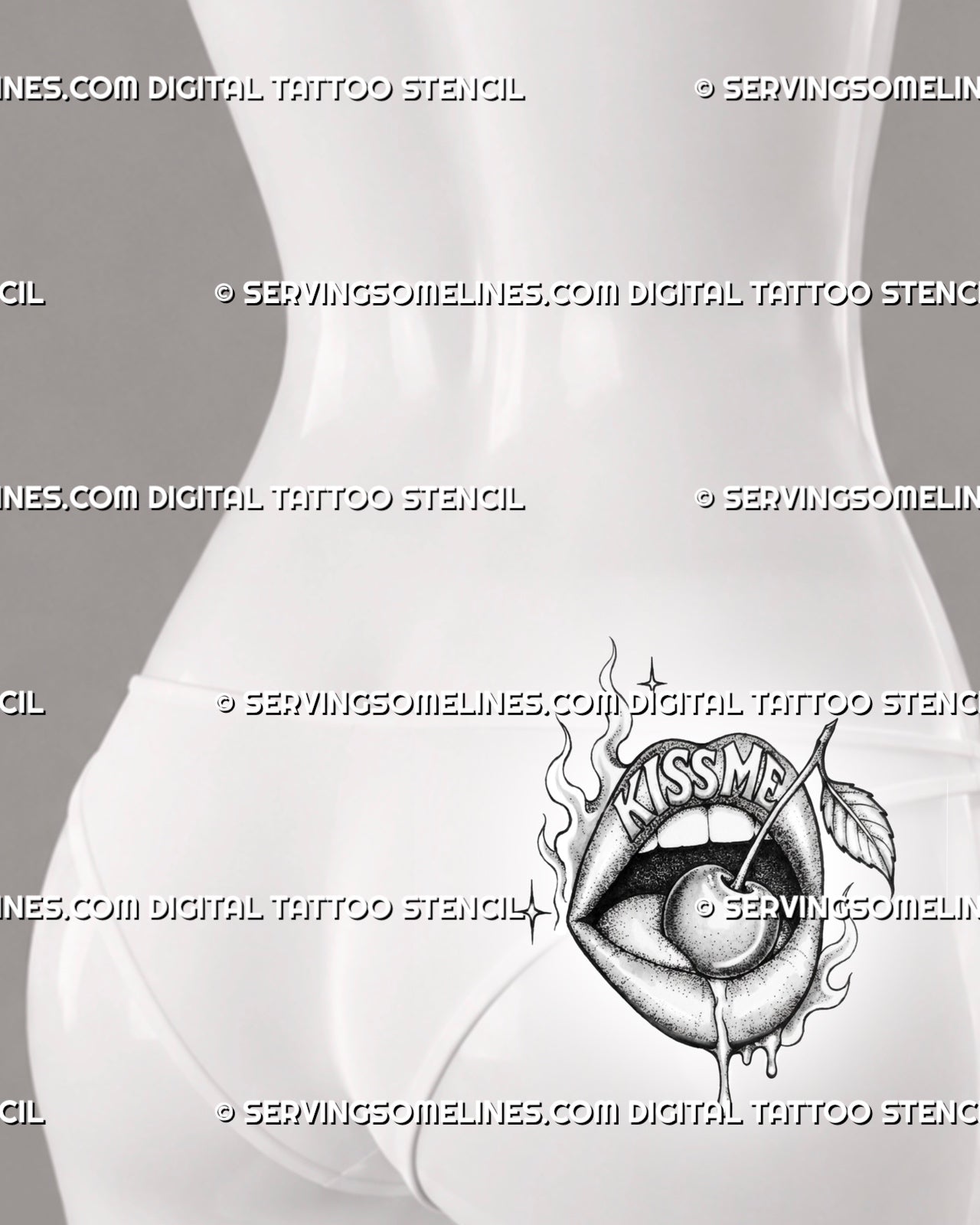 Lips and cherry tattoo shown on women’s lower back and upper hip with open mouth, cherry on tongue, Kiss Me lettering, flames, and dripping detail