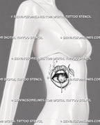 Lips with cherry tattoo shown on women’s ribs with cherry resting on the tongue, Kiss Me text, surrounding flames, sparks, and stippled shading