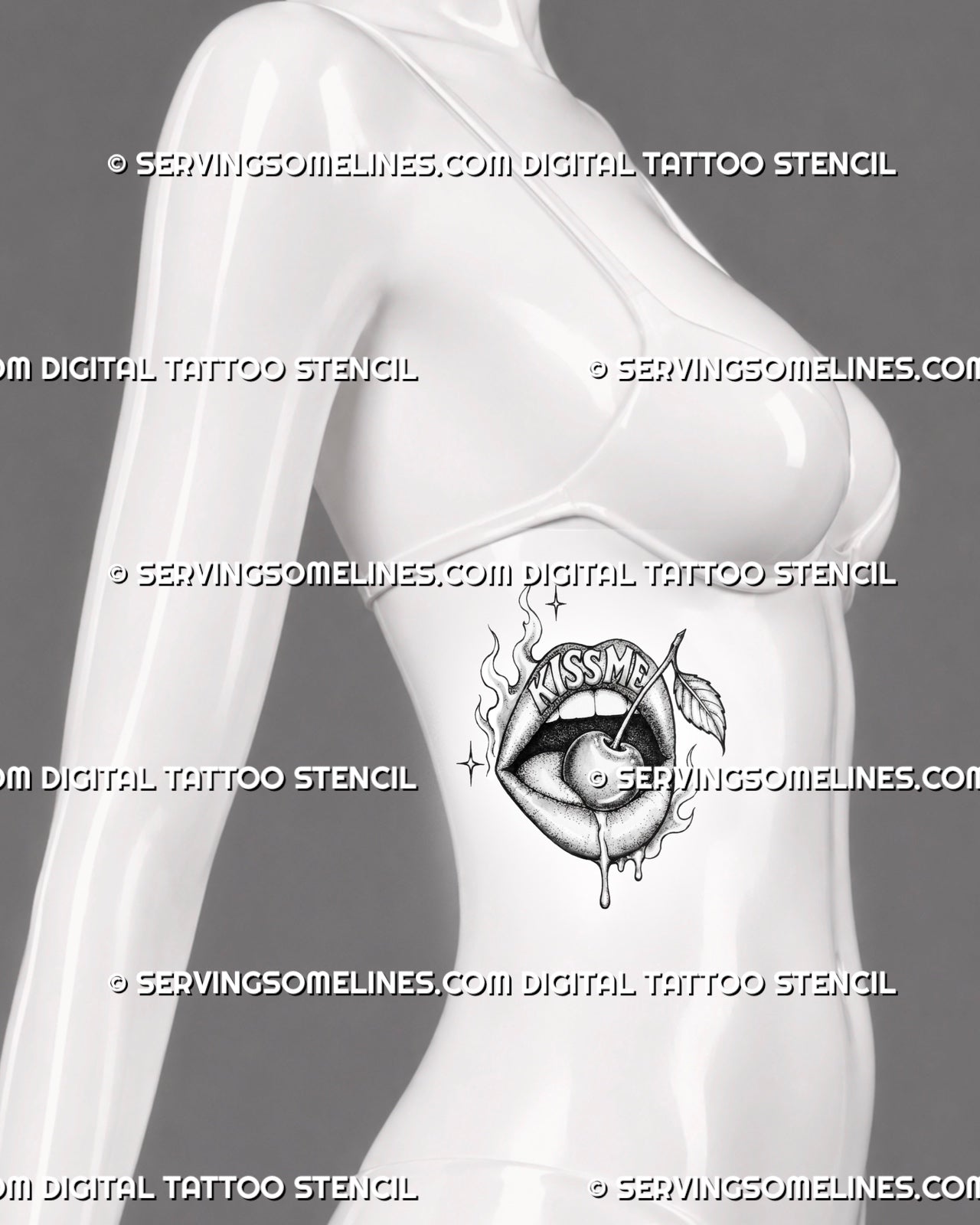 Lips with cherry tattoo shown on women’s ribs with cherry resting on the tongue, Kiss Me text, surrounding flames, sparks, and stippled shading