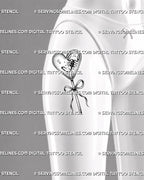 Lollipop tattoo stencil shown on womens upper thigh with heart candy shape, dotted texture, and dark scorpion detail.